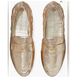 TORY BURCH Women's 9.5 Logo Loafers Metallic Spark Gold Flats Shoes Driving Mocs